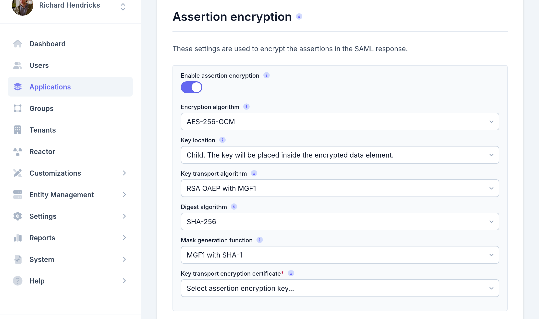 Application SAML assertion encryption settings