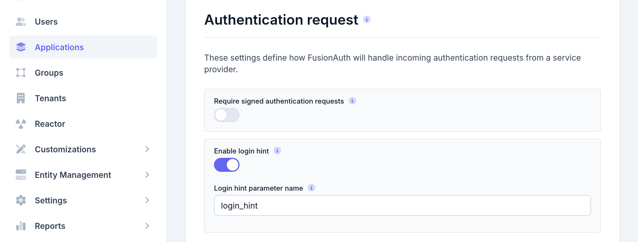 Application SAML authentication request settings