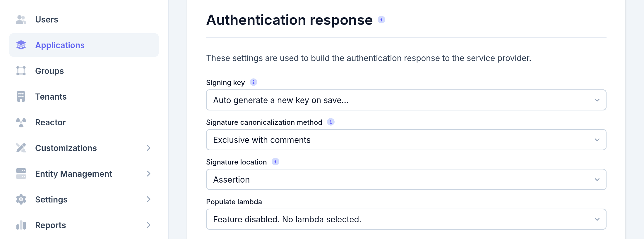 Application SAML authentication response settings