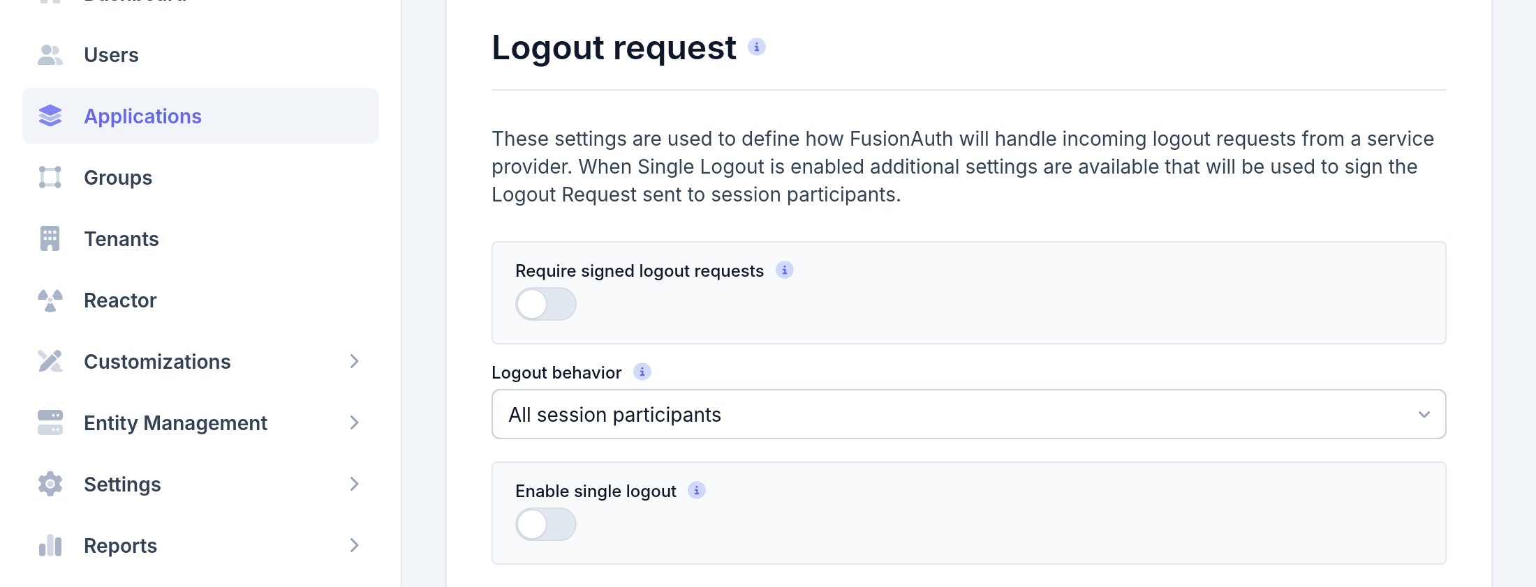 Application SAML logout request settings