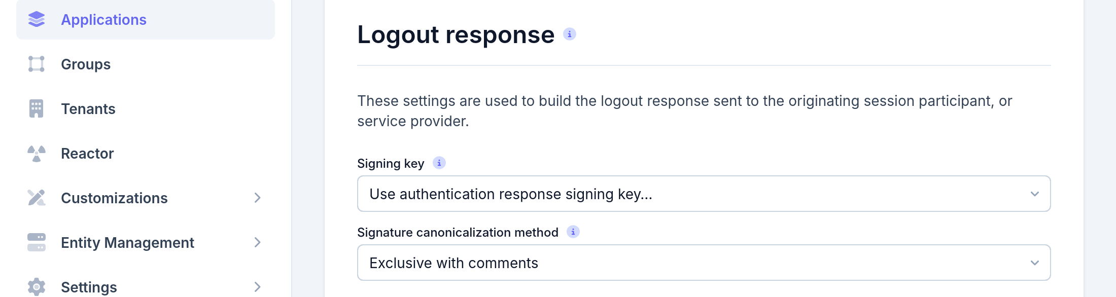 Application SAML logout response settings