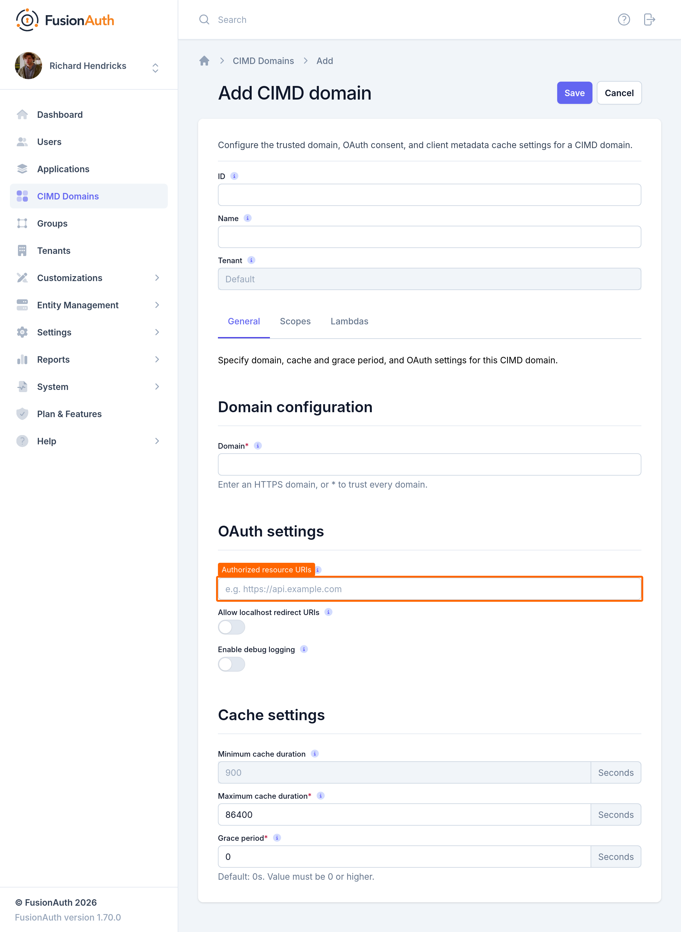 The Add CIMD domain form with the Authorized resource URIs field highlighted.