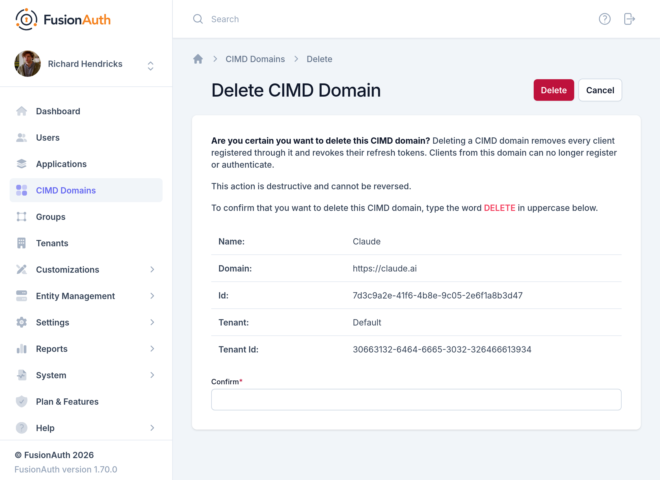 The Remove CIMD domain confirmation.