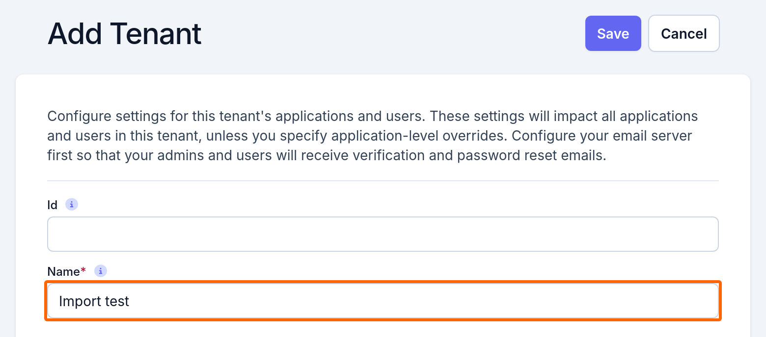 The tenant creation form with the Name field highlighted.
