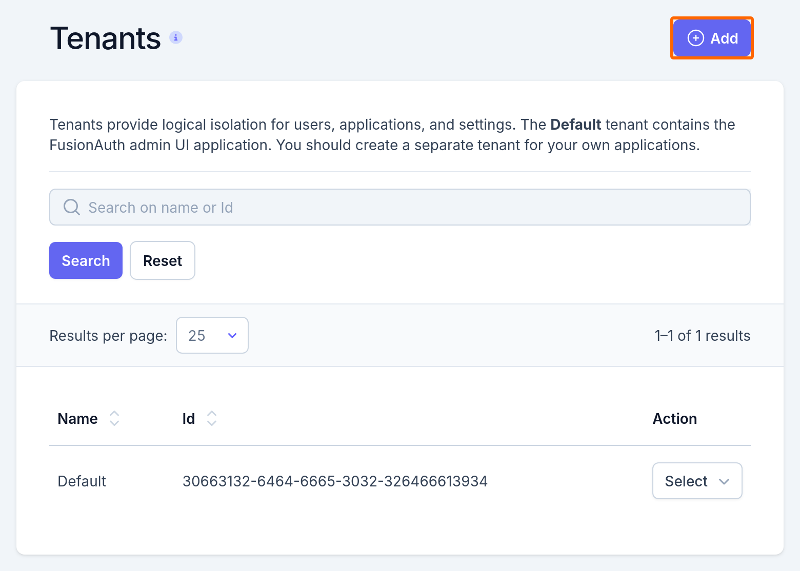 The tenants list with the Add button highlighted.