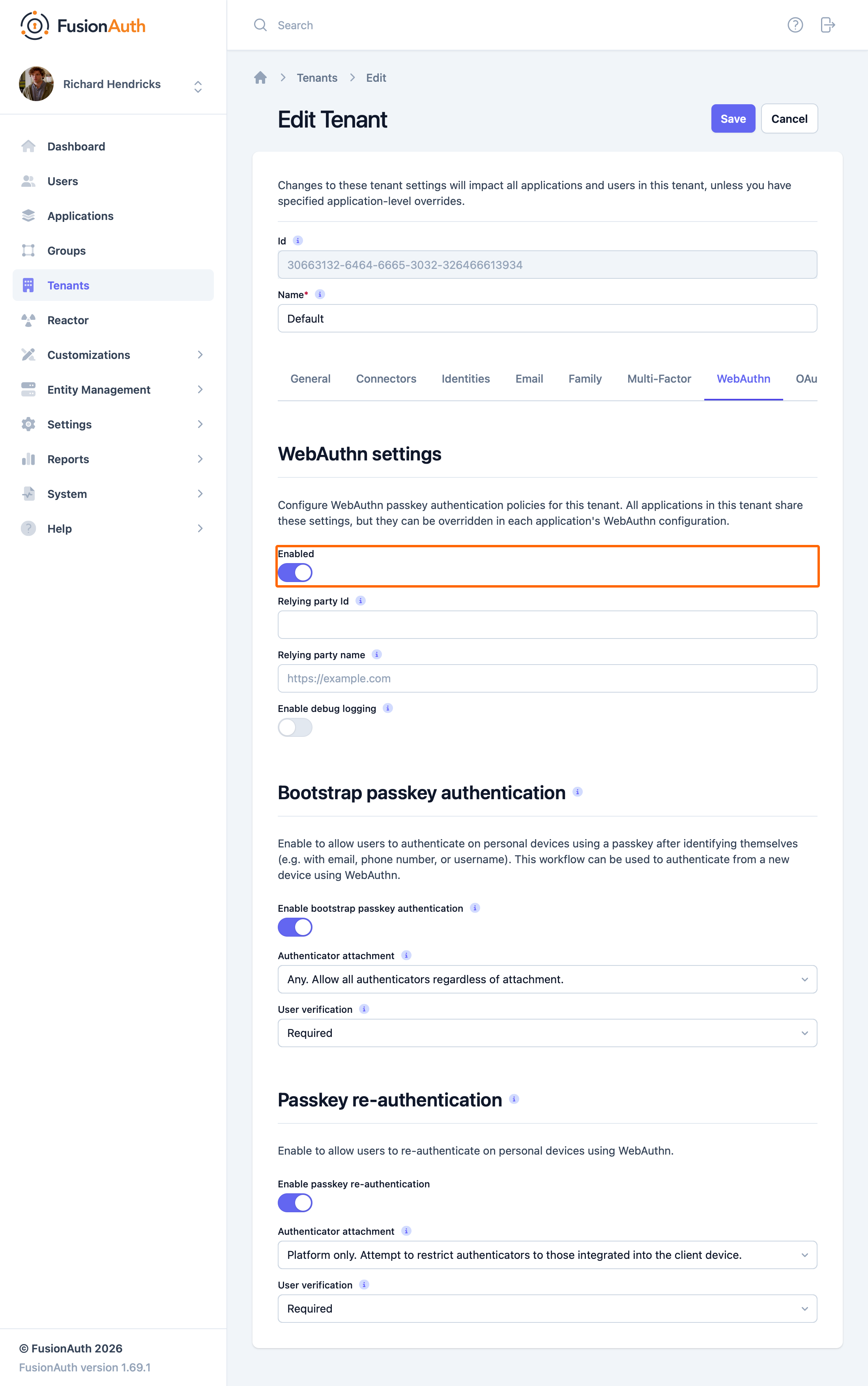 Enable WebAuthn for the tenant.