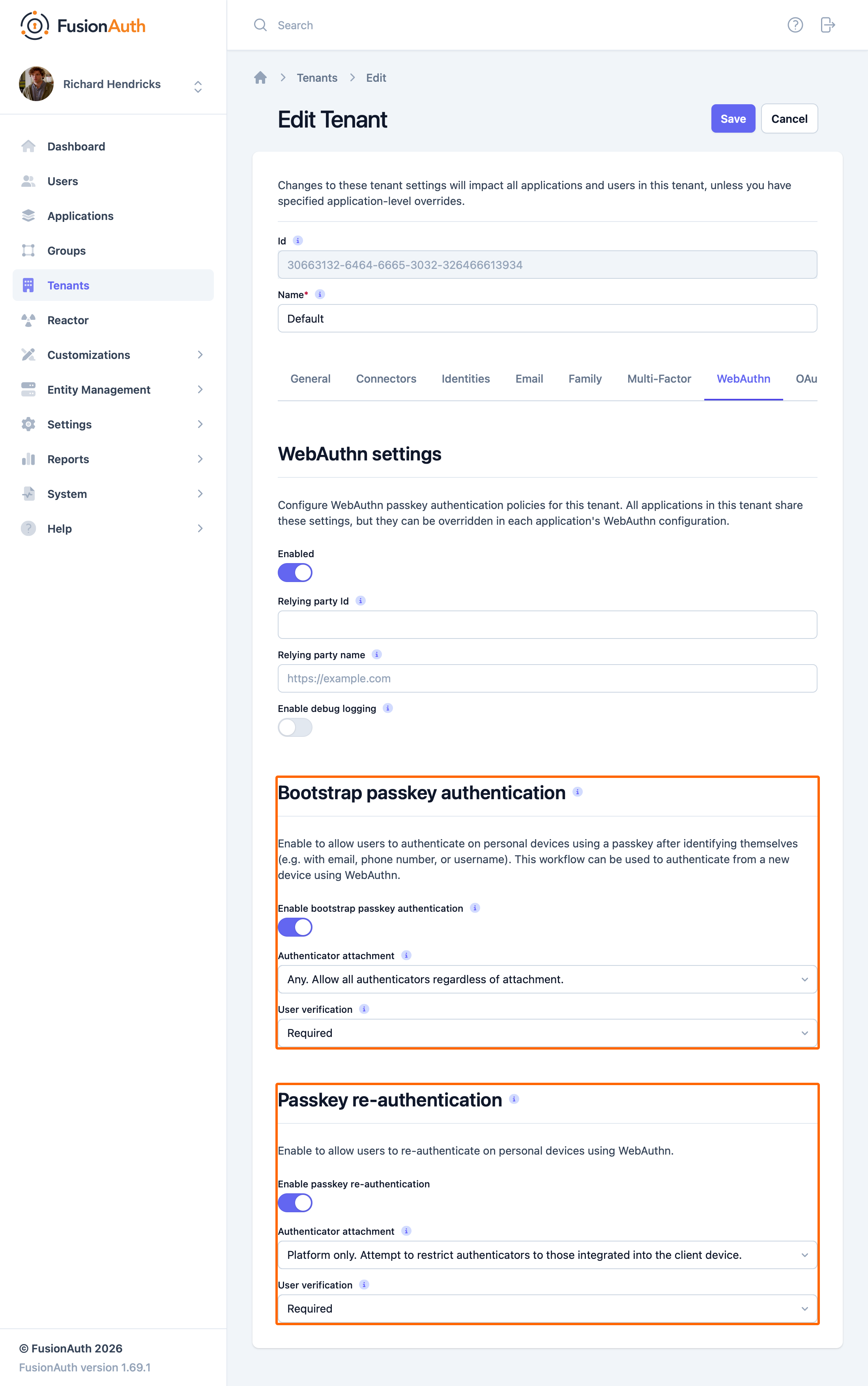The tenant WebAuthn workflow configuration settings.