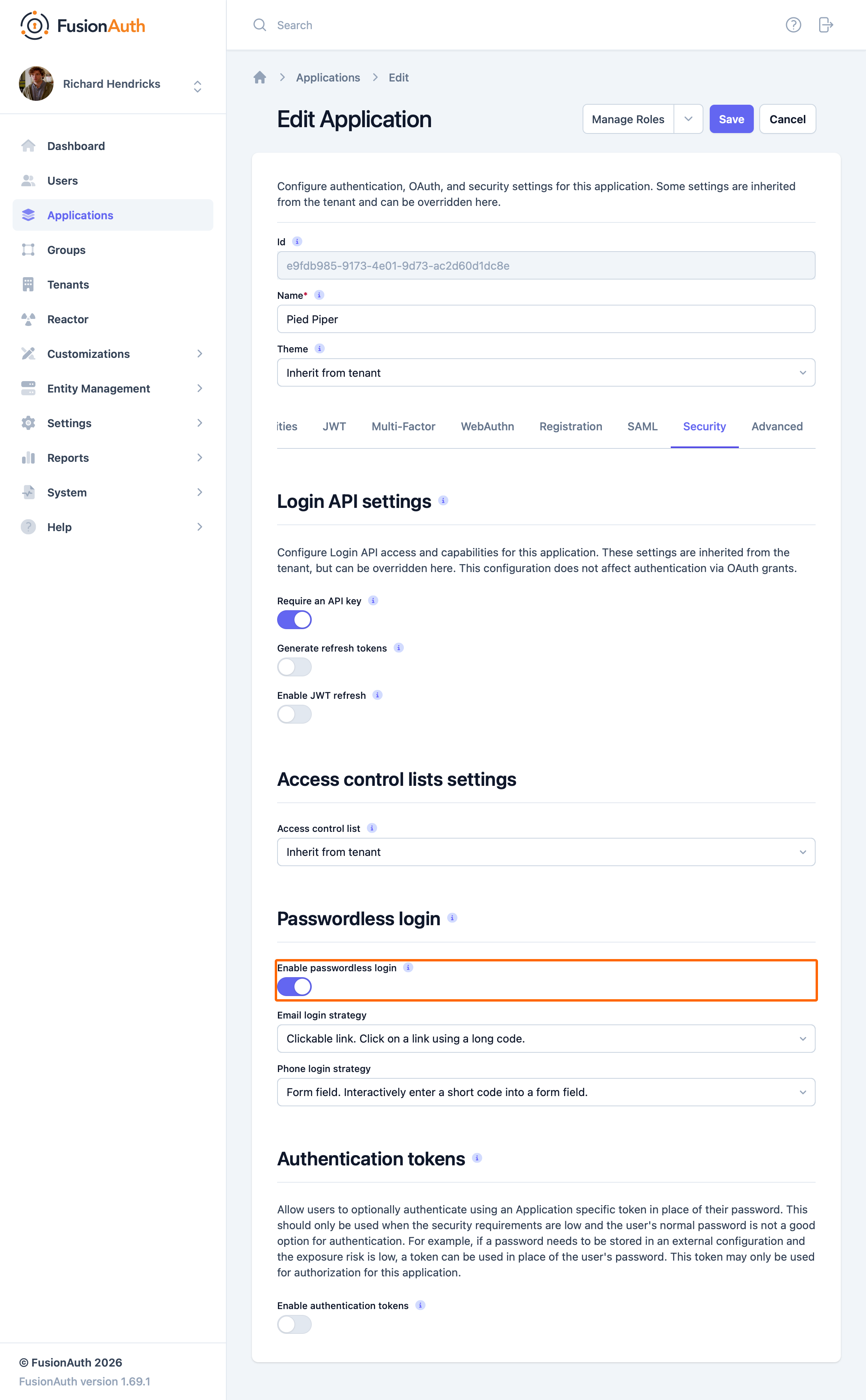 Enable passwordless login in the application Security tab.