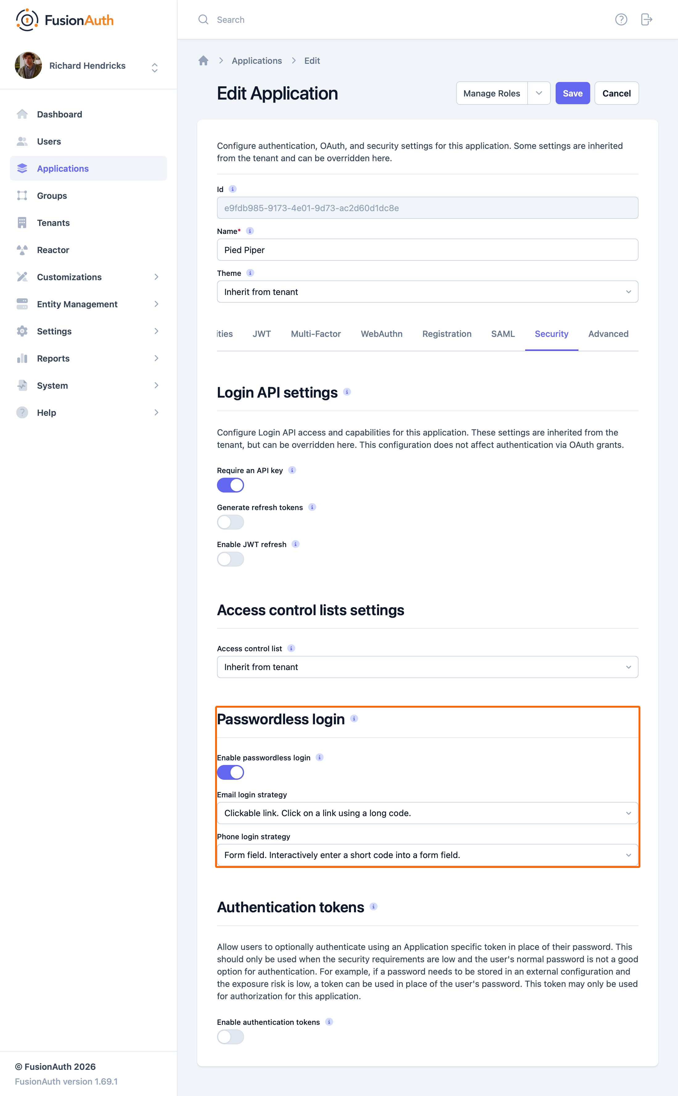 Turn on passwordless login in the application Security tab.