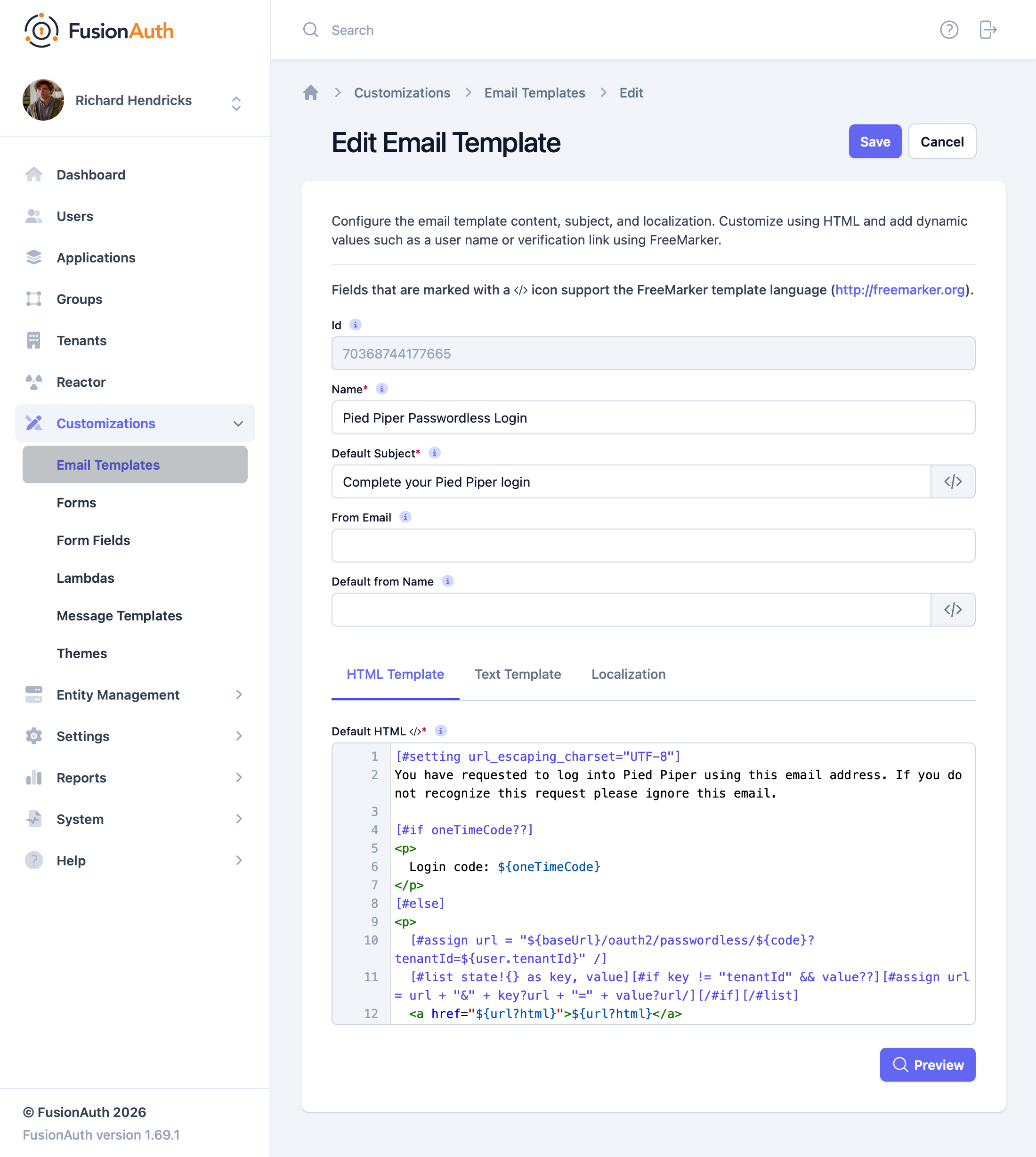 Modifying the one-time password login email template.