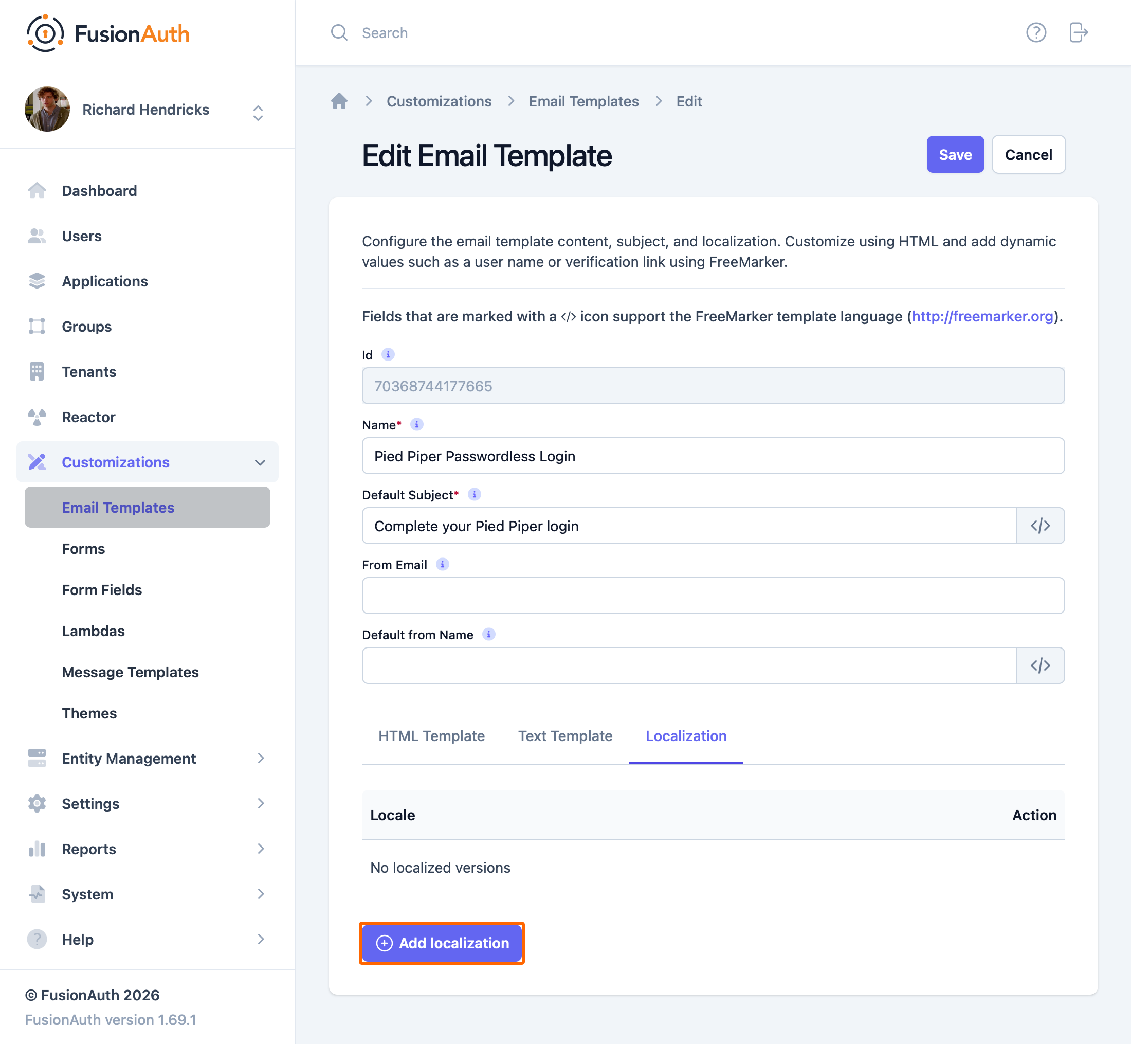 The localization settings for the email template.
