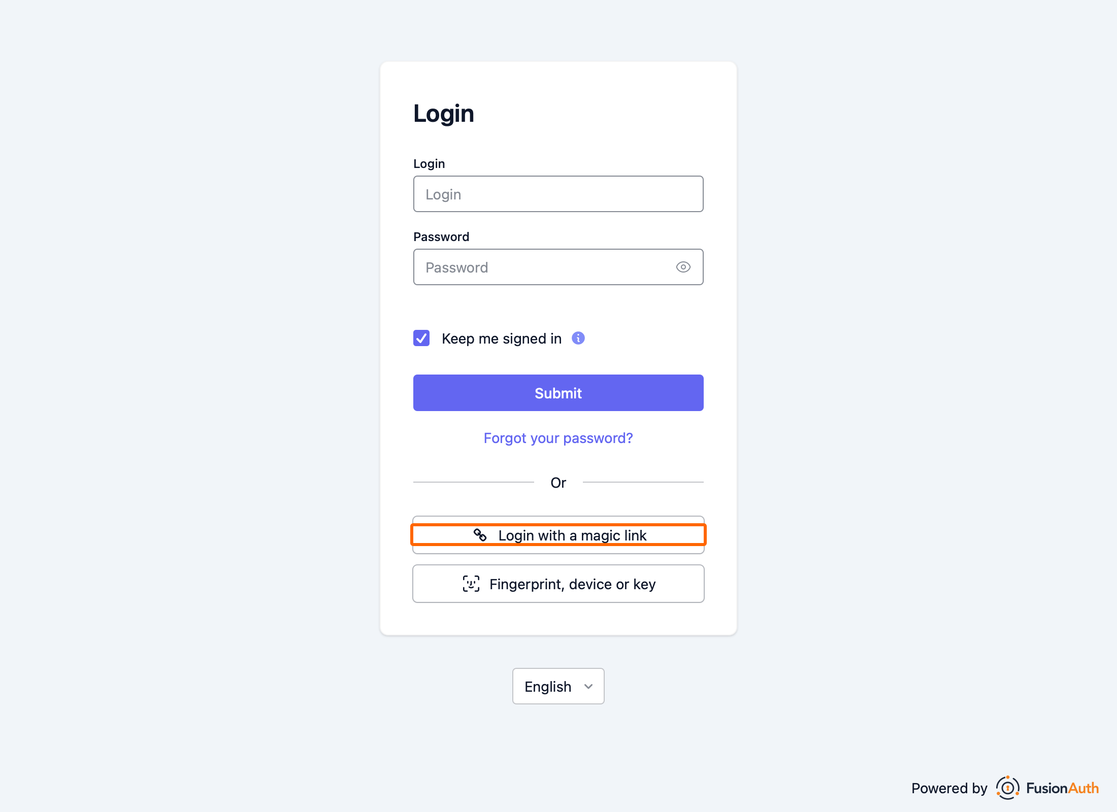 The FusionAuth login page showing the Login with a magic link button.