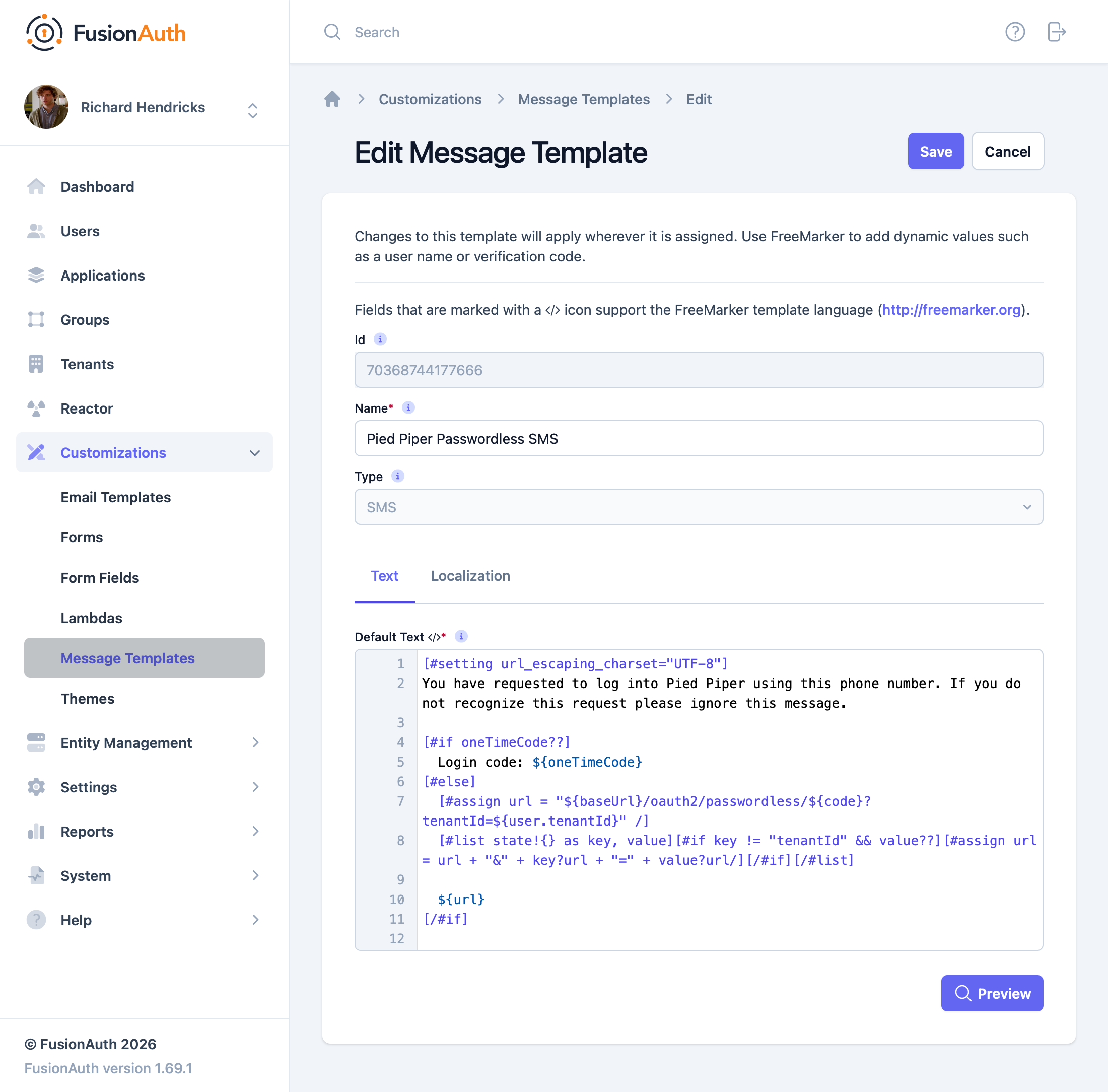 Modifying the one-time password login message template.