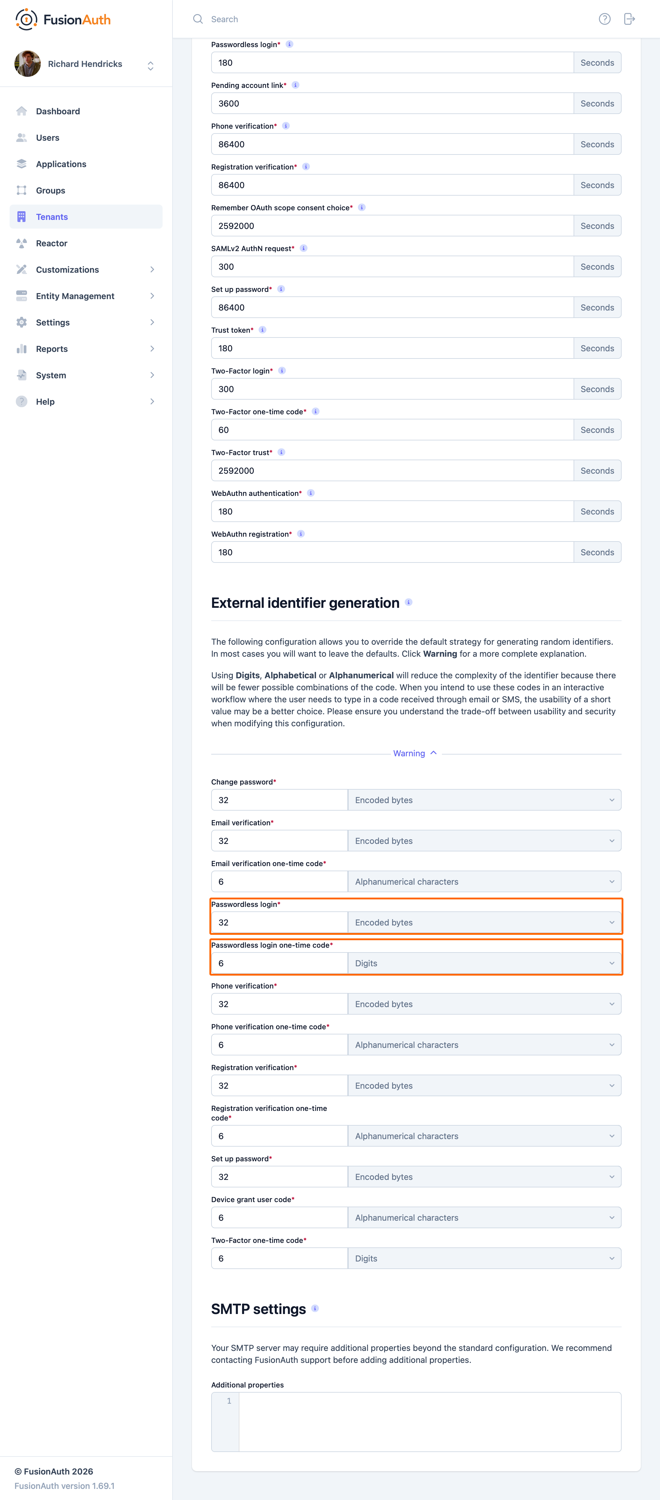 The tenant settings to customize the passwordless code generation strategy.