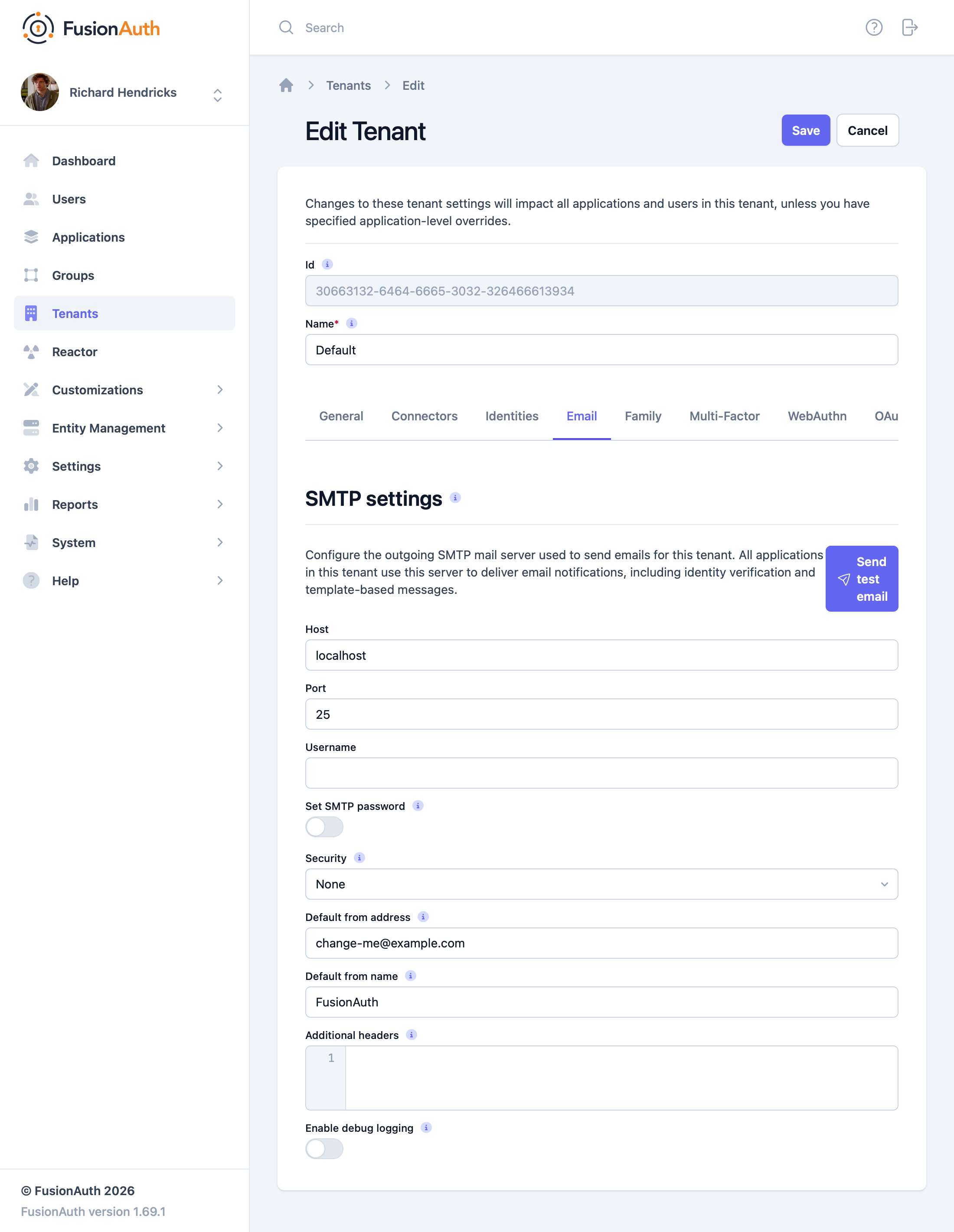 The Email tab of the tenant settings, where SMTP is configured.