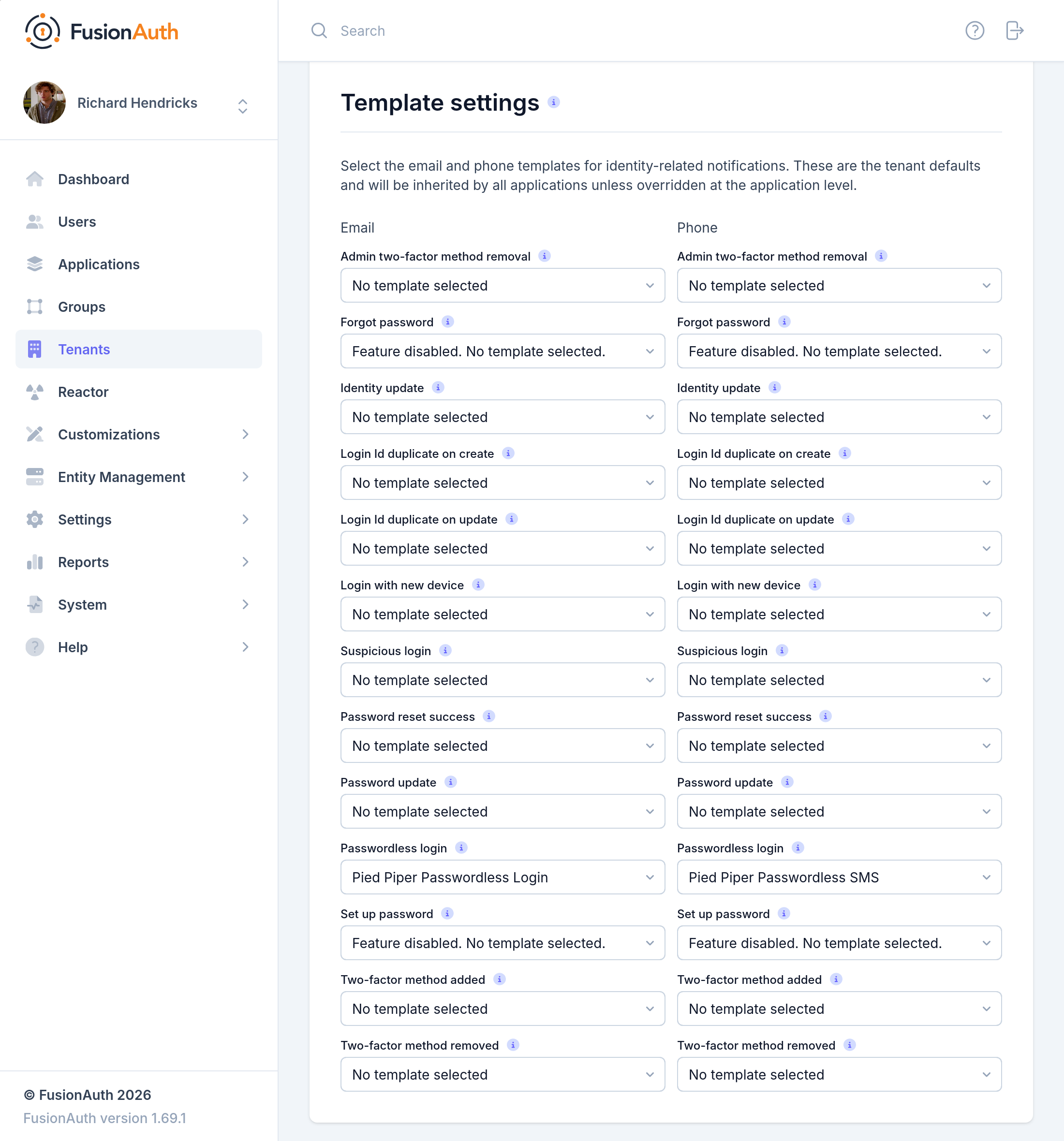 Tenant Configuration - Template settings