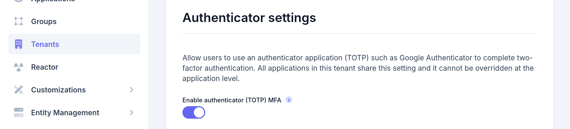 Tenant Configuration - MFA authenticator settings