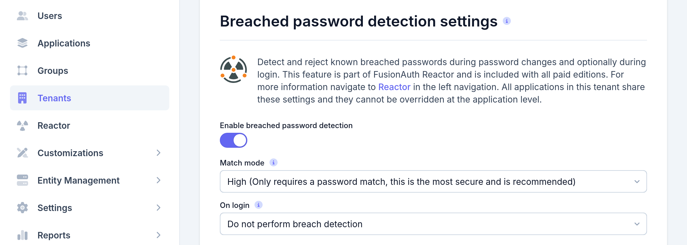 Tenant Configuration - Password: breached password detection settings