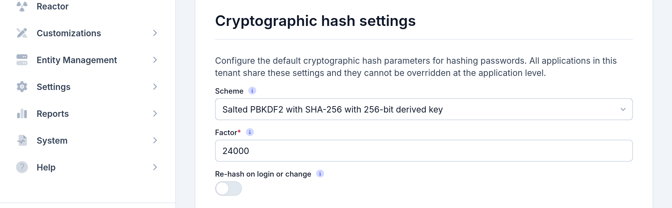 Tenant Configuration - Password: cryptographic hash settings