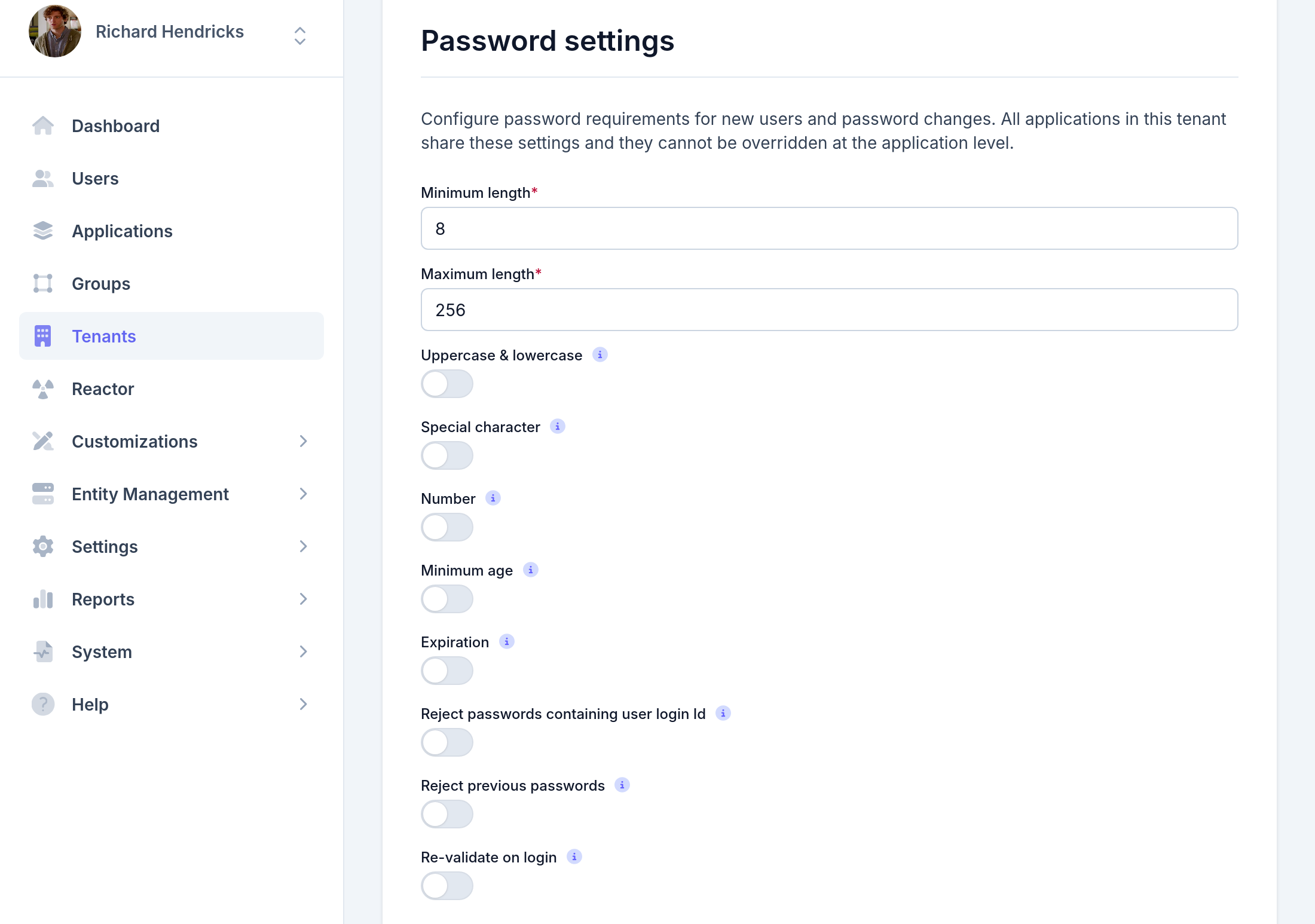 Tenant Configuration - Password settings