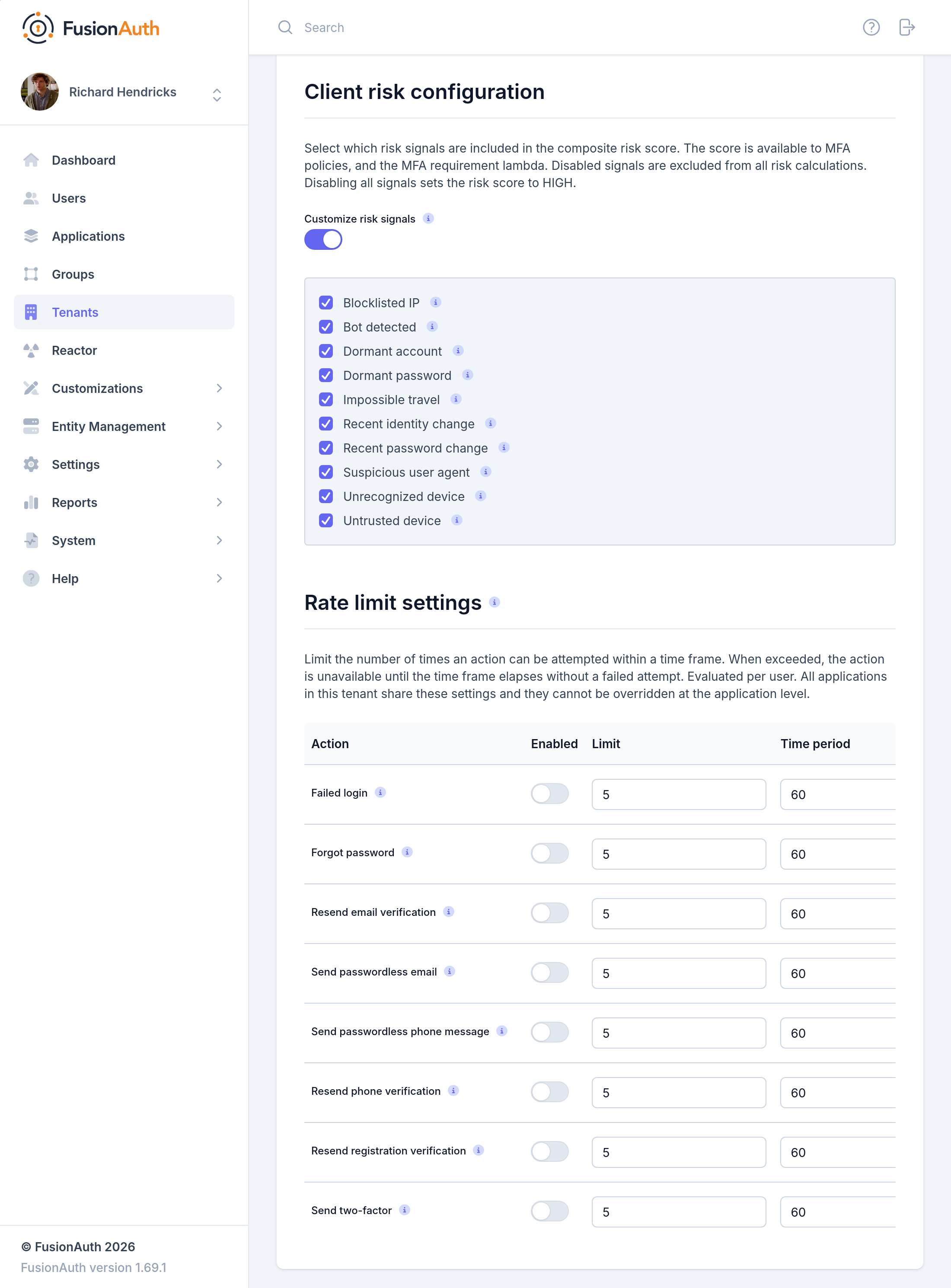 Tenant Configuration - Security: Client risk configuration and rate limiting