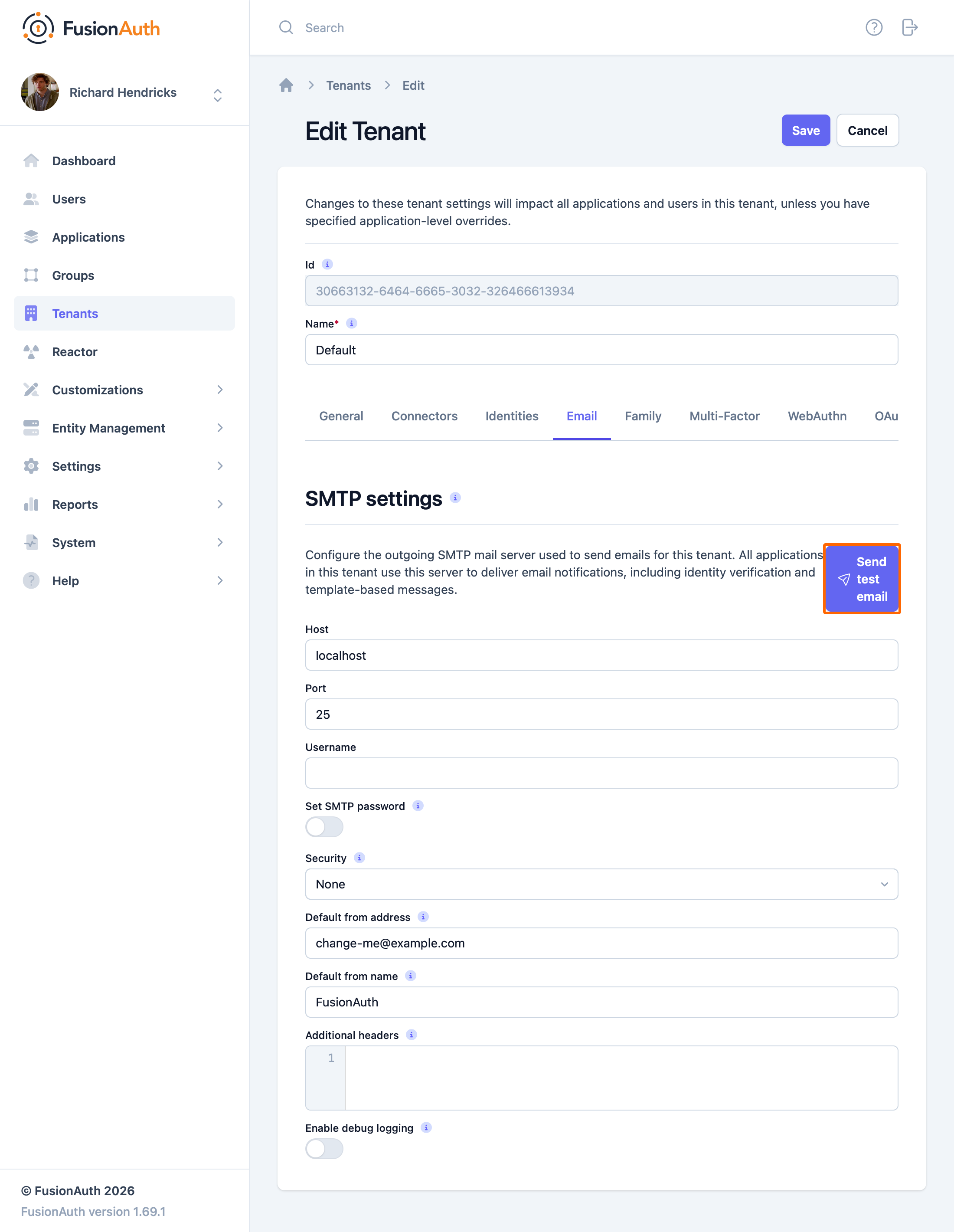 The Send a test email control in the tenant Email settings.