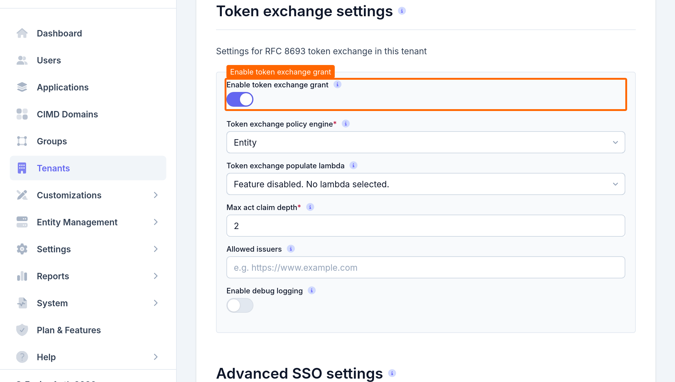 The token exchange settings with the token exchange grant enabled.