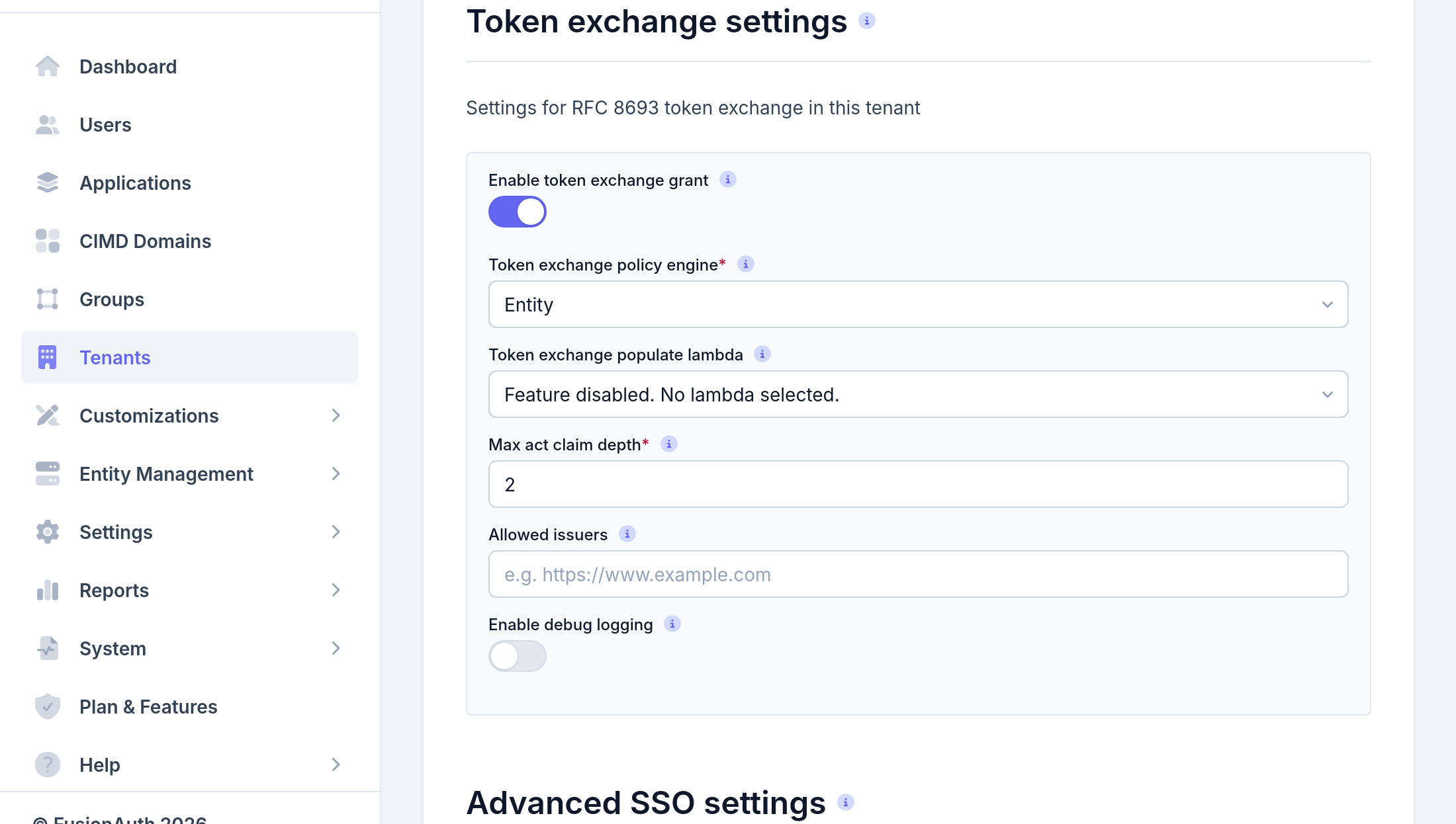 The token exchange settings on the OAuth tab of the Tenant form.