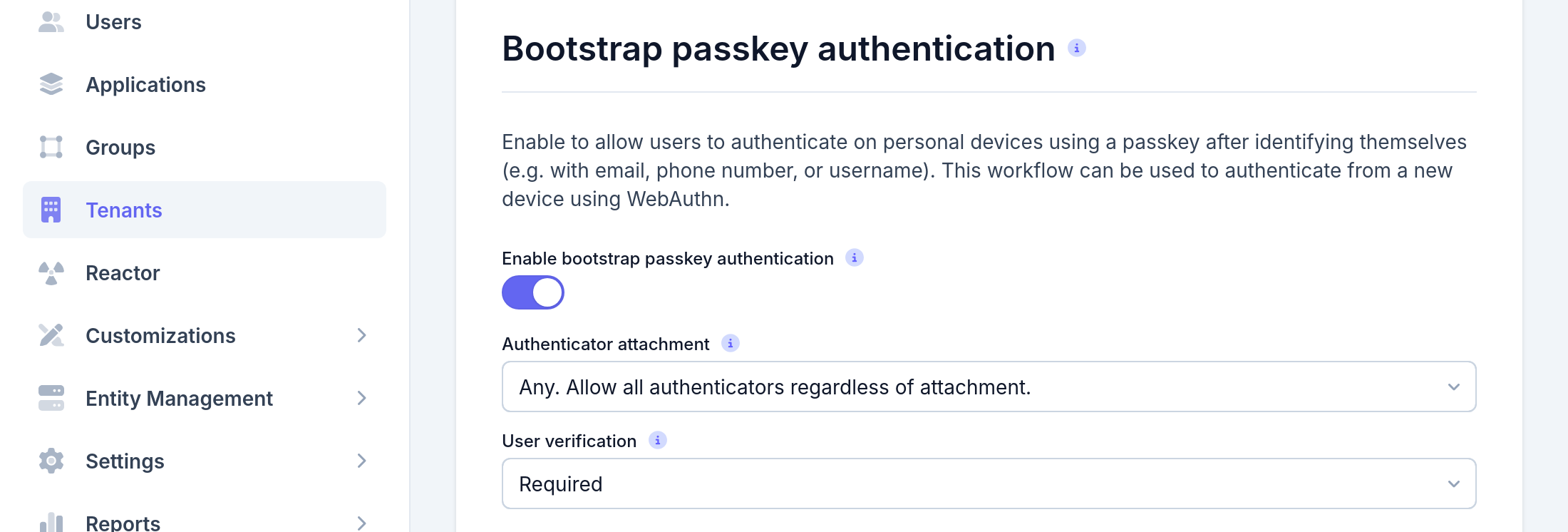 Tenant Configuration - WebAuthn Bootstrap settings