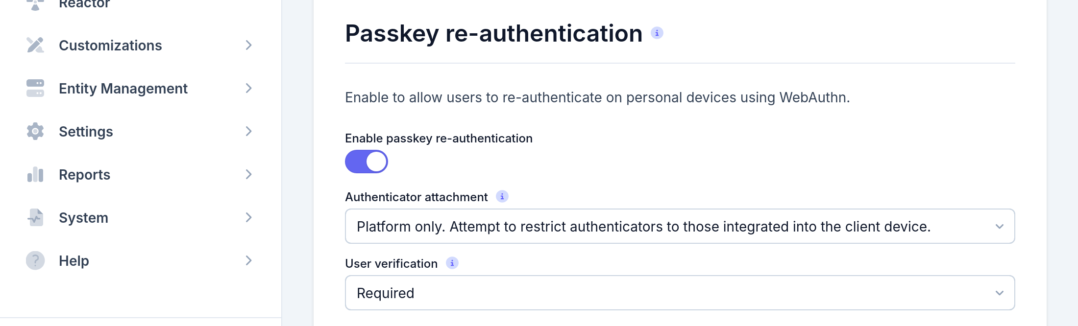 Tenant Configuration - WebAuthn Re-authentication settings