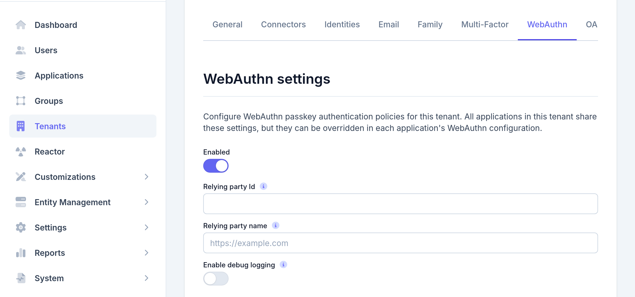 Tenant Configuration - WebAuthn