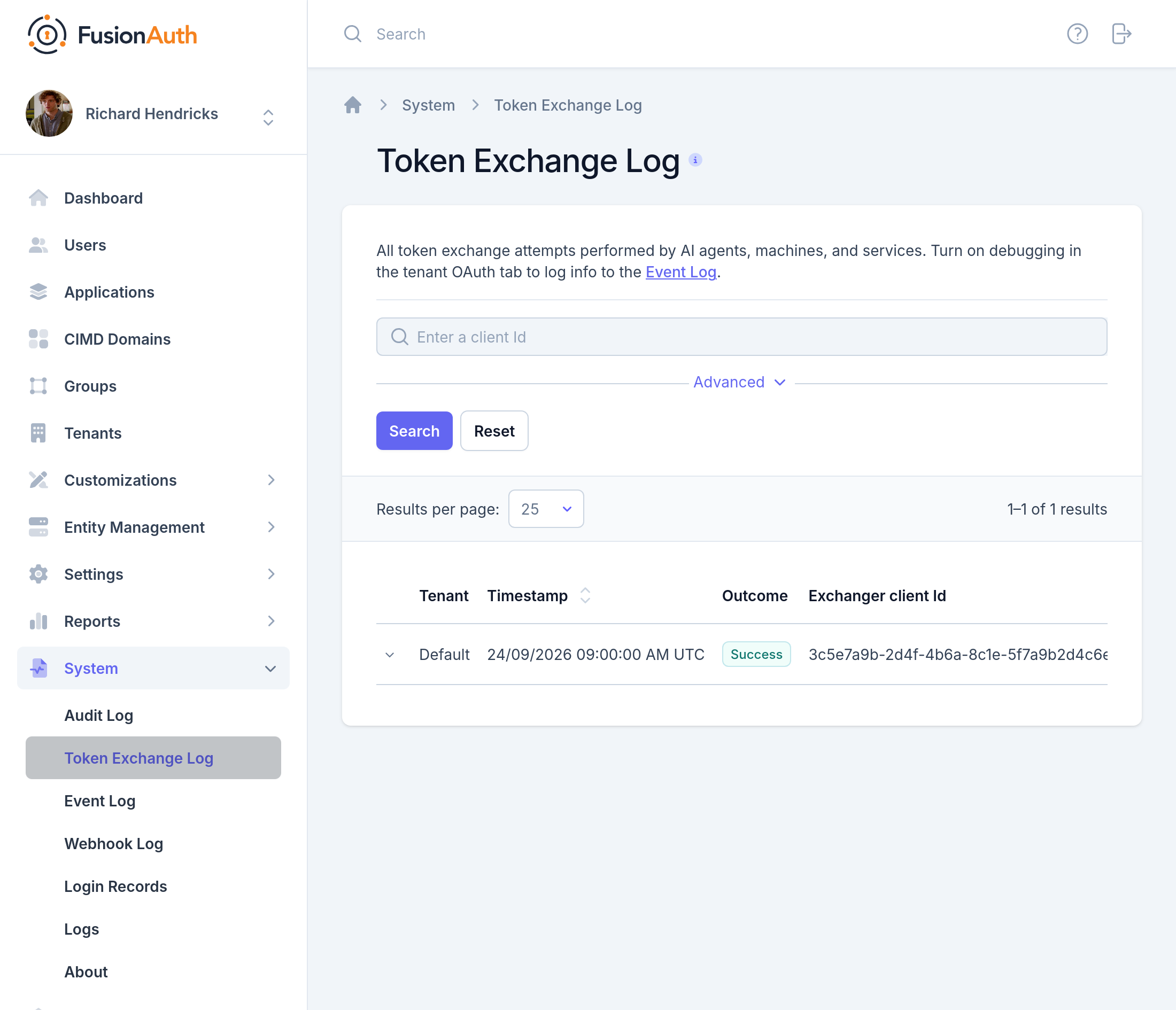 The Token Exchange Log with an entry for an exchange.