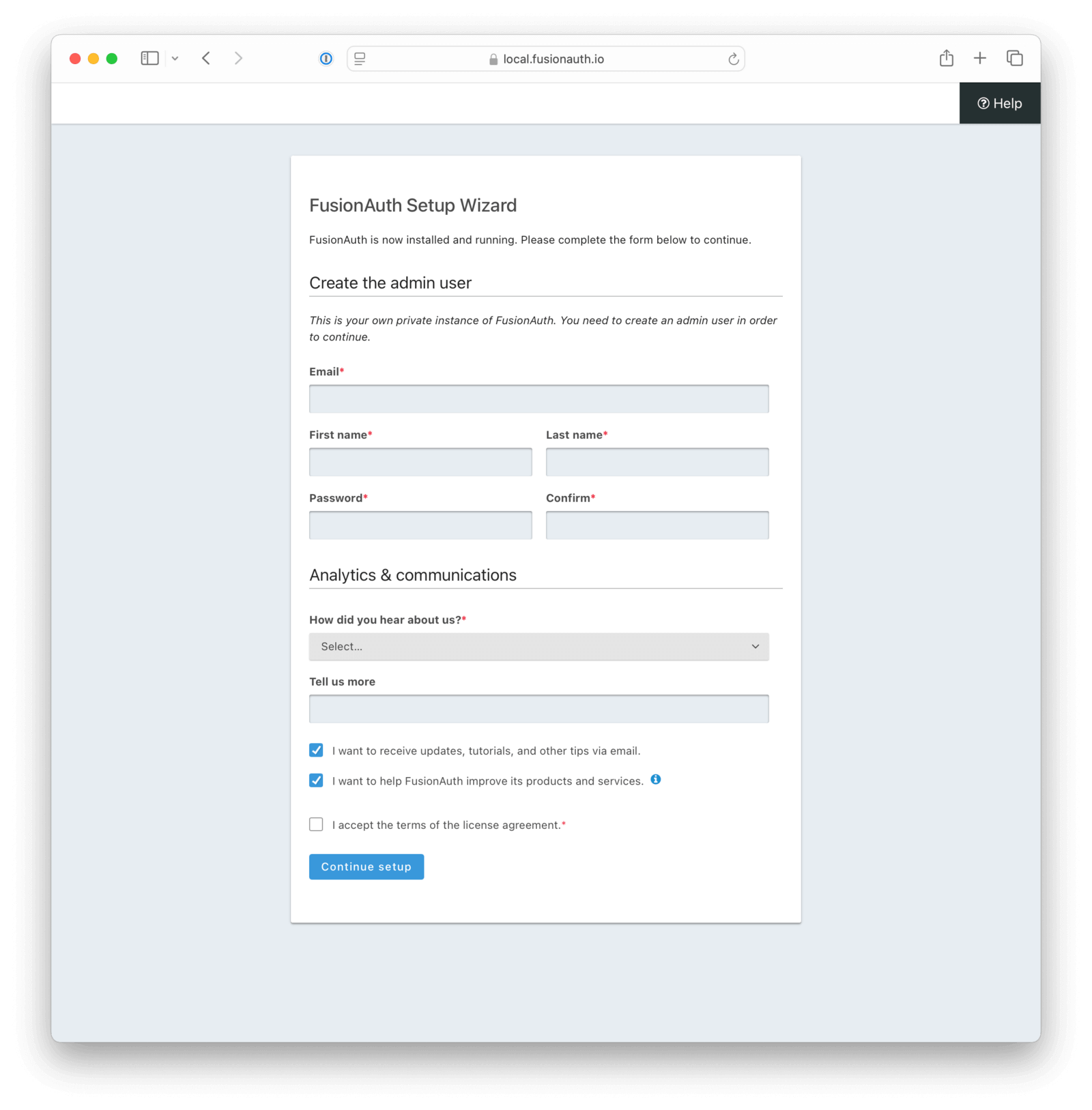 Disabling usage stats collection in self-hosted FusionAuth via the setup wizard.